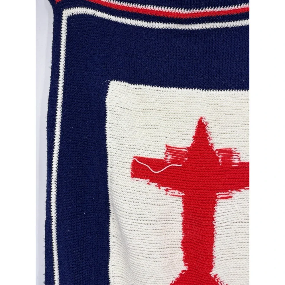 Vintage Handmade Crochet Knit Baby Blanket Airplane Red White Blue 44
